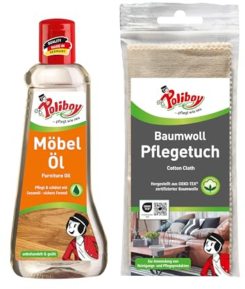 POLIBOY Möbel Öl - Holzpflegemittel für unbehandelte und geölte Holzmöbel - Farbloses Holzöl zur Auffrischung und Pflege - 1x 200 ml - inkl. Baumwolltuch zur Anwendung - Made in Germany