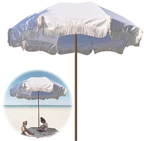 MYUYEE Parasol de Plage Blanc avec Franges 18 m Portable pour l'extérieur Protection Solaire inclinable UPF 50+ Blanc sans Base pour Jardin Piscine terrasse,