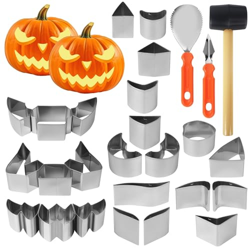 27 Stück Halloween Kürbis Schnitzset mit Vorlagen, Edelstahl Schnitzwerkzeug Kürbis, einfaches und sicheres Pumpkin Carving Kit mit Schaufel mit Hammer, Diy Halloween -Dekoration