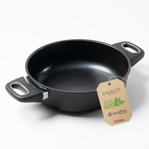 Squality Premium Sauteuse Pfanne 24 cm Doppelgriff – PFAS-freie Antihaft Pfanne aus Dänemark | Ofenfest bis 260 °C, induktionsgeeignet, ergonomisch geformt, für gesundes Kochen ohne Schadstoffe