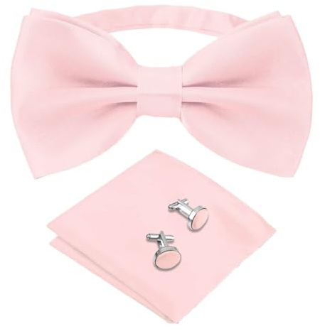MEISO Noeud Papillon Homme, Couleur unie Pré-noué Réglable, avec Boutons de Manchette et Carré de Poche Ensemble pour la Fête de Mariage Soirée D'affaires (Rose)