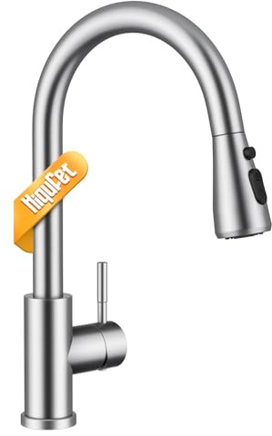 Hiqufet Kitchen Tap, Kitchen Mixer Taps with Pull Down Sprayer, Stainless Steel High Arc Single Handle Kitchen Sink Tap for Pot Filler, Brushed Nickel