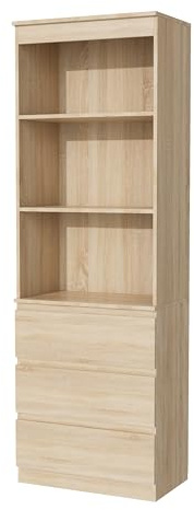 Garvishk Garvis Bücherregal Hochschrank, 3 Schubladen & 3 Regale – MDF Hochregal mit Kippsicherung, 180 cm Hoch, Platzsparend für Wohnzimmer Schlafzimmer Studierzimmer (Sonoma-Eiche)