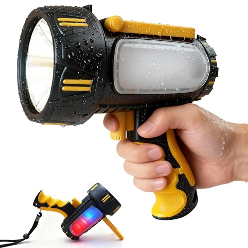 Seyxicnor Foco recargable de 1650 lm y haz de 900 m con potente linterna de 13000 mAh, luz de búsqueda de mano impermeable IP67 para caza, camping, emergencia, regalo para papá con luz de advertencia