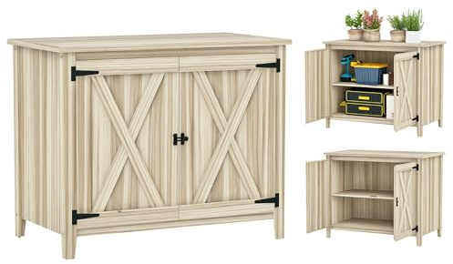 Outsunny Gartenschrank aus Holz, Gartenschrank aus Holz mit Regalen und Doppeltüren, Werkzeugschrank, 110 x 60 x 88,5 cm, Naturholzoptik