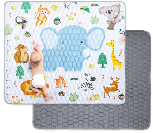 Funsland Krabbelteppich für Baby, Rutschfeste Baby Spielmatte Schadstofffrei 180x150cm, Baumwolle Tier Krabbelmatte Baby Faltbar mit Einem Höhenlineal, Kinder Spielmatte für Innen/Außen/Zaun