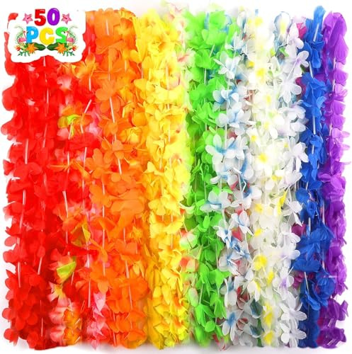 grestar 50 Piezas Collares Hawaianos Multicolor, Cadenas de Flores Hawaiana Fiesta Decoracion,Collares Lei Hawaiano Guirnalda de Flores Artificiales Hawai para Luau Fiesta Verano Playa Vestido