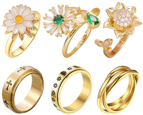 MLPKOI 6PCS Anxiety Ring for Women, Stress Spinner Rings Adjustable Open Spinner Rings for Anti Stress for Anxiety Women