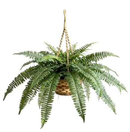 9.8in Artificial Boston Fern, Hanging Basket Faux Greenery for Indoor Home Porch Decor Green