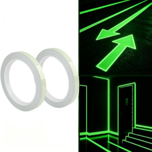 2 Piezas 10M x 1CM Cinta Adhesiva Fluorescente Luminosa, Impermeable Cintas Luminosa Fluorescentes, Cinta Fluorescente Verde para Marcar Escalones Verde Autoadhesiva Fluorescentes Cintas