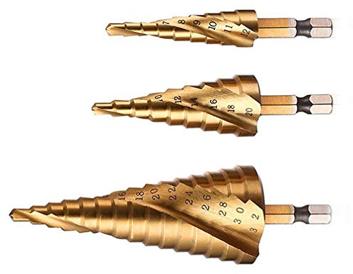 Stufenbohrer-Set, Spiral Gerillt, Hochgeschwindigkeitsstahl Titan beschichtet, 4 mm bis 12/20/32 mm Sechskantschaft, HSS Werkzeug schneiden zum DIY, Kunststoff, Holz, Metall, Aluminium, Kupfer