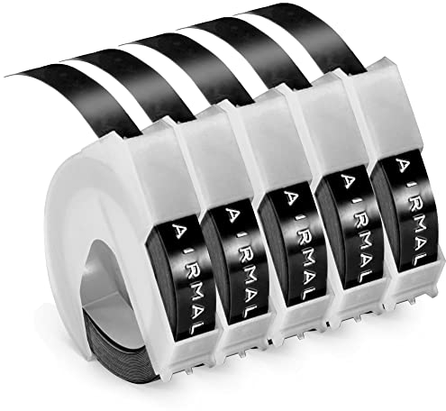 Prägegerät Etiketten kompatibel mit Dymo Prägeband 9mm Schwarz, kompatibel mit Selbstklebendes Dymo Omega Etikettenband Schwarz, für 3D Schriftbänder für Omega Junior Prägegerät, 5 Rollen