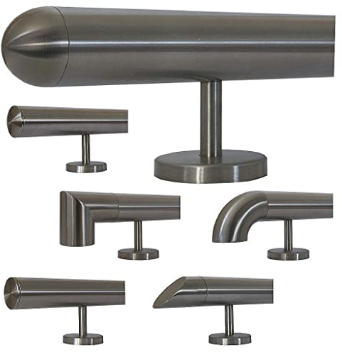 TIBU Edelstahl Handlauf 30-600cm Wandhandlauf 33,7 mm Treppengeländer mit geraden Edelstahlhalter - Länge 40 cm und Ende halbrunde Kappe