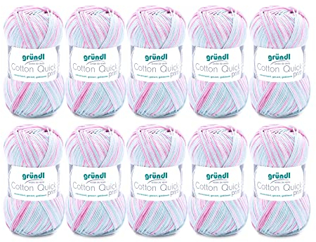 Gründl Wolle Cotton Quick print - dünne Wolle zum Häkeln mit Farbverlauf - Strickgarn - Glänzend und hautfreundlich - 100 % Baumwolle - 10 Knäuel 50 g / 125 m - Nadelstärke 3 - 4 - Rose-mint-weiß