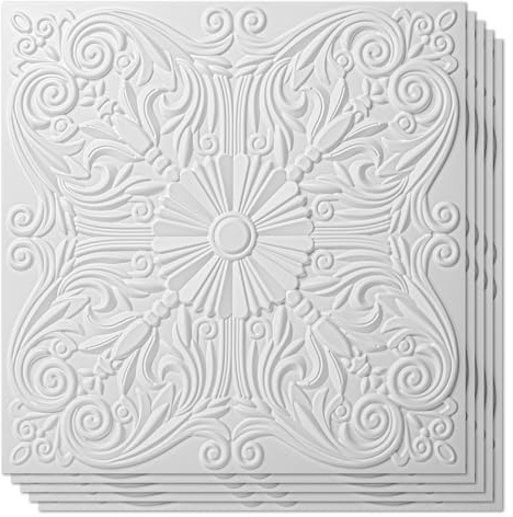 Art3d Decorative Ceiling Tile 2x2 Glue up, Lay in Ceiling Tile 24x24 Pack of 12 Floral Ceiling Panels in Matt White