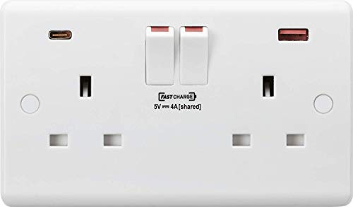 Knightsbridge CU9909 Curved Edge Twin Switched Socket with Dual Fastcharge USB Ports in White, 86.0 mm*146.5 mm*7.0 mm