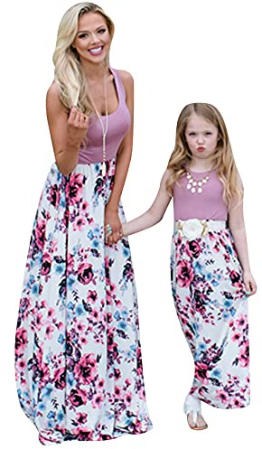 EFOFEI Frauen Mutter Tochter Locker Langes Kleid Blumen Bedruckte Elegante Kleider Urlaub Familien Party Kleid
