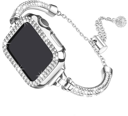 Secbolt Bling Bands and Case Compatible with Apple Watch Bands 38mm 40mm 41mm, Women Elegant Metal Bracelet with Rhinestone Bumper for iWatch Series 8/7