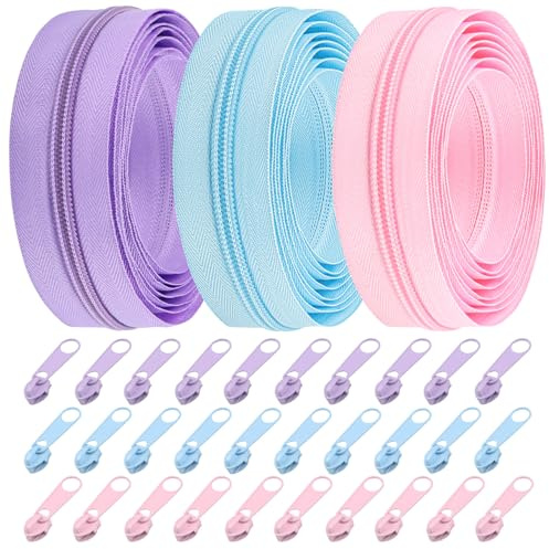 DOITEM 5 mm Reißverschluss 15 Meter Nylon Endlosreißverschluss Set mit Schieber und Zipper für Röcke, Rucksack, Heimtextilien (Helles Lila Hell-Pink Hellblau)