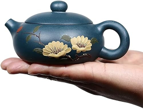 BEZAX Teiera Cinese Xishi Peonia Dipinta a Mano Zisha Azzurro Fango Argilla Gongfu Teiera （160 CC）