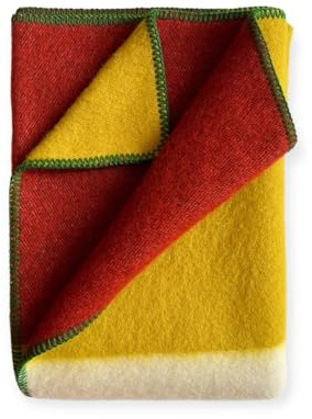 JOWOLLINA Wendedecke Plaid aus norwegischer Wolle 130 x 200 cm Tricolor Square (Spicy Mustard/Chilli)