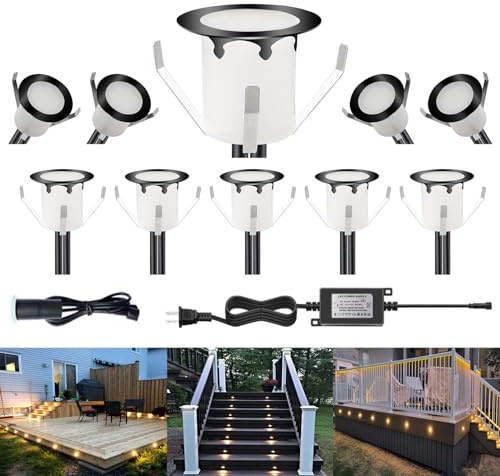 CHNXU LED Outdoor Deck Lights with Photocell, Φ1.18in Warm White 10 Pack Black, Low Voltage 12V DC IP67 Waterproof, Electric Wired Recessed Stair Step Riser Landscape Lighting for Outside Floor Yard