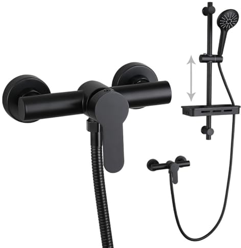 HMAKGG Dusch-Set aus Edelstahl mit Handbrause 3 Strahstärken, Duschstange mit Brause Schwarz Matt, Mischbatterie, Seifenhalter, Schlauch, Duschsystem mit Duschthermostat für Dusche und Bad