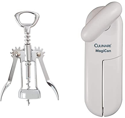 Twin Lever Corkscrew & Culinare C10015 MagiCan Tin Opener | White | Plastic/Stainless Steel | Manual Can Opener | Comfortable Handle for Safety and Ease