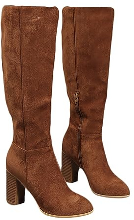 ticticlily Botte Hautes Femme Botte Longue Hiver Botte Daim avec Bloc Talon Chaudes Cowboy Bottes Haute Bottes Genou Elastique Bottes De Combat De Moto B Marron 39