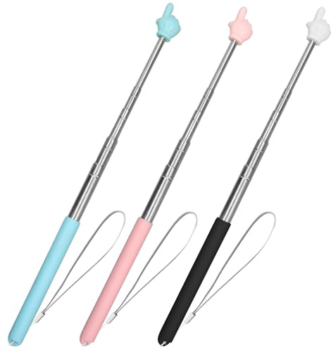 3 piezas de puntero para profesor, puntero telescópico, puntero de mano con cordones, puntero extensible para profesores de aula, escuela primaria, suministros para el aula (negro, rosa, azul)