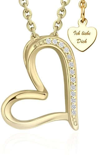 LOVENEST Halskette Damen 925 Silber/Gold Herzkette Zirkonia | *Ich Liebe Dich* Kette mit Herz-Anhänger – Geschenke für Frau Ehefrau Freundin zum Jahrestag Hochzeitstag Liebesgeschenk