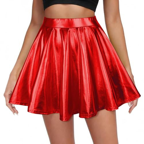Durio Damen Rock Kurze Metallischer Faltenrock Mini Skater Rock Glitzer Rave Party Hohe Taille Elastischer Plisseerock
