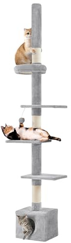 Yaheetech 226-265.5 cm H 5-Tier Floor To Ceiling Cat Tree, Light Grey | Cat Scratching Posts, Tall Kitten Climbing Frame, Adjustable Height, Cozy Condo and Platform