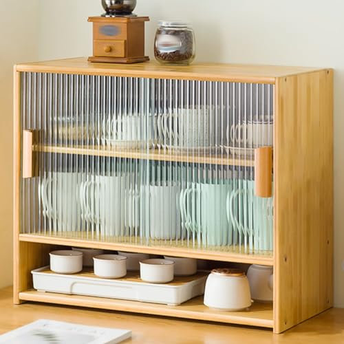 YHWKGZ Vitrine, Massivholz-Vitrine, Desktop-Präsentationsregal, doppelschichtiges Tassenregal, Küchen-Sideboard, Sammelvitrine aus Glas, verstellbare Trennwände (Color : Wood colorA, Size : 55x46cm/