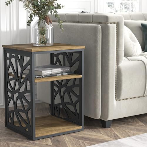 Galano Candence Beistelltisch mit Ablage – Modernes Finish in Antik-Eiche – Beistelltischschrank aus Metall für Flur – Eingangsbereich – Foyer – Wohnzimmer – Schlafzimmer – platzsparend