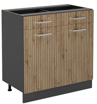 Vicco Küchenunterschrank R-Line, Artisan-Eiche, 80 cm | 2 Schubladen · Ohne Arbeitsplatte · Höhenverstellbare Füße · 2 Türen · ✓ Leichter Zugriff