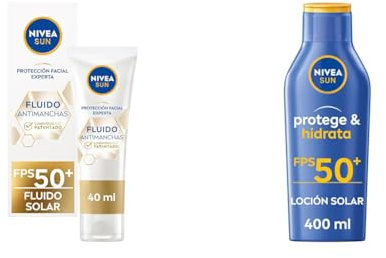 PACK NIVEA SUN Fluido Facial Solar Luminous 630 FP50+ (1 x 40 ml) protector solar antimanchas con ácido hialurónico + NIVEA SUN Protege & Hidrata Leche Solar FP50+ (1 x 400 ml), protector solar