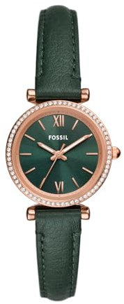 Fossil Carlie Uhr für Damen, Quarzwerk mit Edelstahl- oder Lederarmband Smaragdgrün