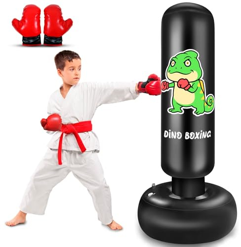Uppblåsbar boxningssäck för barn, 152 cm barn boxningssäck med handskar för pojkar och flickor, boxningssäck för barn boxning set för att öva karate, Taekwondo, MMA (Dino)
