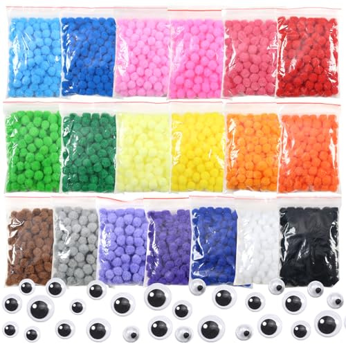 TOAOB 950 Stück Pompons 10 mm Bunte Pompom Flauschigen Plüsch Bälle Kunst Bommel für Lustige mit 100 Stück Selbstklebende Wackelaugen DIY Kreative Handwerk
