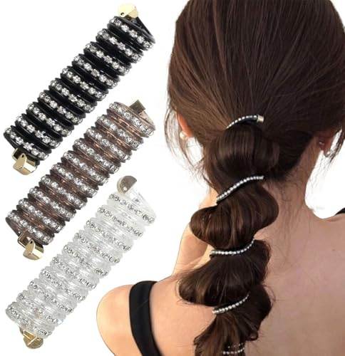 3pcs Glitter Rhinestone Spiral Hair Ties No Damage Bubble Braid Ponytail Holders Telephone Wire Hair Tie Coil Hair Ties for Girls Hair Elastics Braiding Hair Bands Hairties Hair Accessories for Women