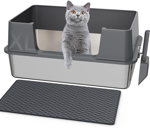 Gimars Arenero Acero Inoxidable Gatos XL 58x38x26cm, arenero Gato Acero Inoxidable 35L, Bandeja de Arena fácil de Limpiar y sin olores, Sanitaria a Prueba de Fugas con Pala y Alfombrilla
