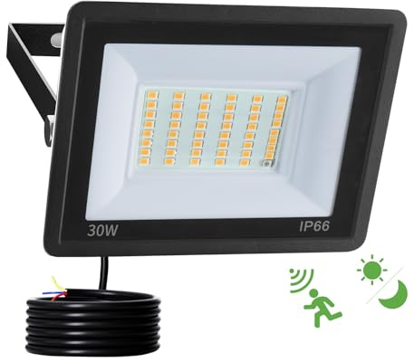 Fosingut 30W Faretto LED da Esterno con Sensore di Movimento,3000LM Proiettori Faro LED Esterno con Radar Sensore Crepuscolare,3000K IP66 Impermeabile Faretti per Garage,Giardino,Cortile,Scale