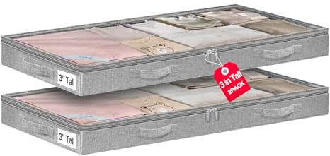 3 Inch Low Profile Under Bed Storage Bins with NO STURCTURE Design, Shallow Clothes Storage Bags with Clear Lids & Waterproof Fabric, 2-Pack, Grey – Fits Under Sofa, Couch, Dorm, or College Beds