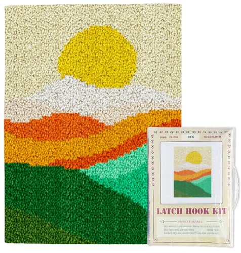 ORIGACH Landscape of Sunset Mountain Latch Hook Rug Kits, alfombra hecha a mano de tela de rejilla estampada de color, kit de alfombra impresa con patrón, alfombra de ganchillo para adultos