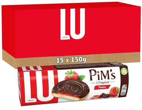 LU PIM'S - 15 Boîtes de Biscuits Pim's à la Fraise - Génoise Gourmande, Cœur Fraise, Coque Chocolat - Format Familial Pratique pour le Goûter - Lot de Biscuits Fruits Chocolat - Lot de 15x150g