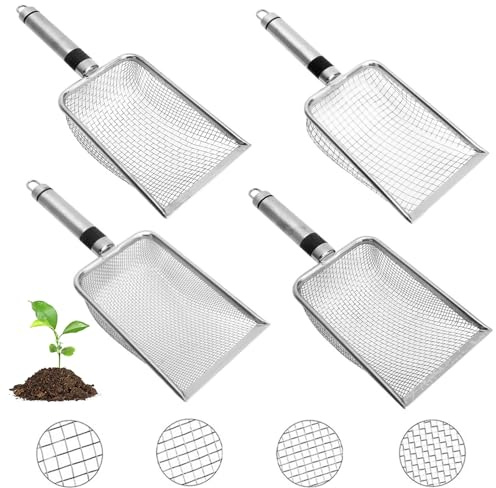 SGZIOO 4 stycken trädgårdssil av rostfritt stål, trädgårdssil jord, kompostsil med handtag trädgårdssil, 2/2,8/3,8/5 mm maska, jordsil, sandsil, genomströmningssil för jord, siktskyffel trädgård, för