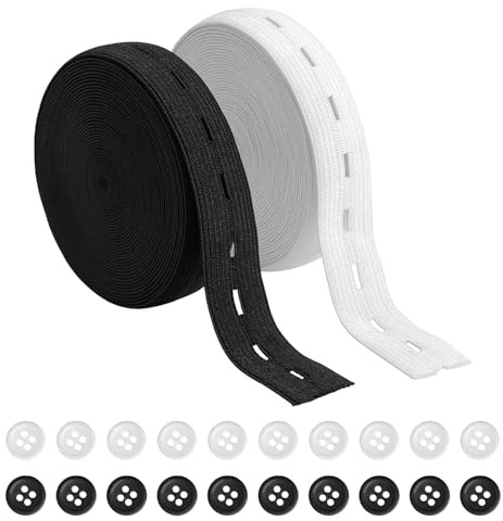 2 Rollen Gummiband Nähen, Gummiband mit Knopfösen, 8 Meter pro Rolle, 15 mm Breite, Schwarz und Weiß, Inklusive 20 Anpassungsknöpfen, Ideal für DIY Kleidungsanpassungen, Hosenbund und Handarbeiten