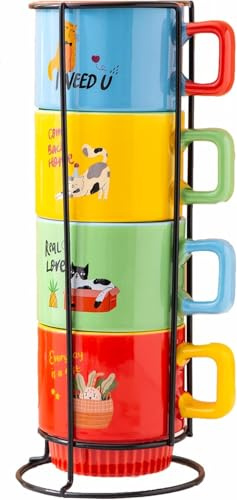 Nexvoro Lot de 4 tasses à café empilables en porcelaine de 360 ml avec support pour café, thé, lait, cacao, multicolore, motif chat