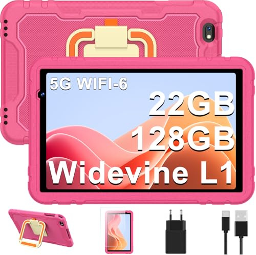 JUEDUR Enfants 10 Pouces Android 14 Tablette avec 22GO RAM+128G0 ROM (TF 1TB), Contrôle Parental, 8000mAh, Octa-Core, Widevine L1, WiFi 6, BT 5.0, Tablette Éducative avec Kid-Proof Étui- Rouge